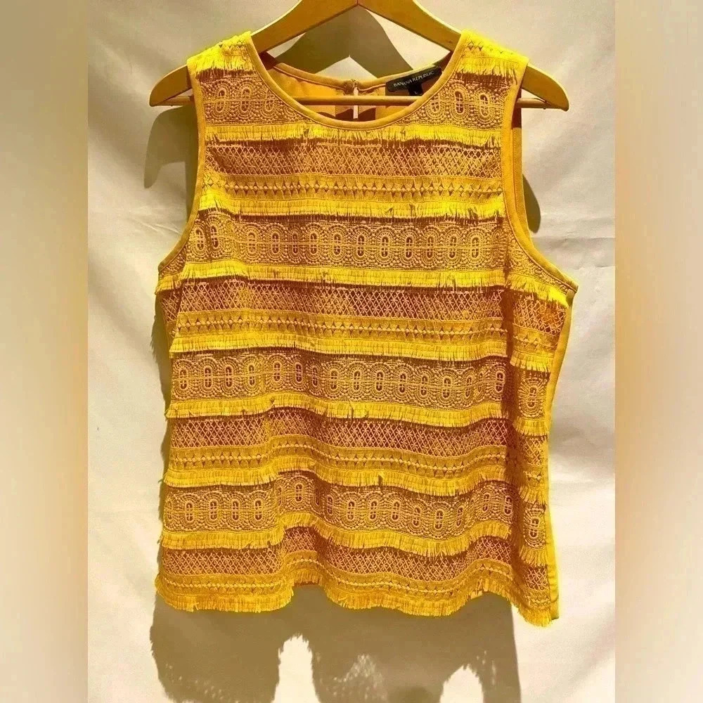 Banana Republic sleeveless fringe shell, yellow, large